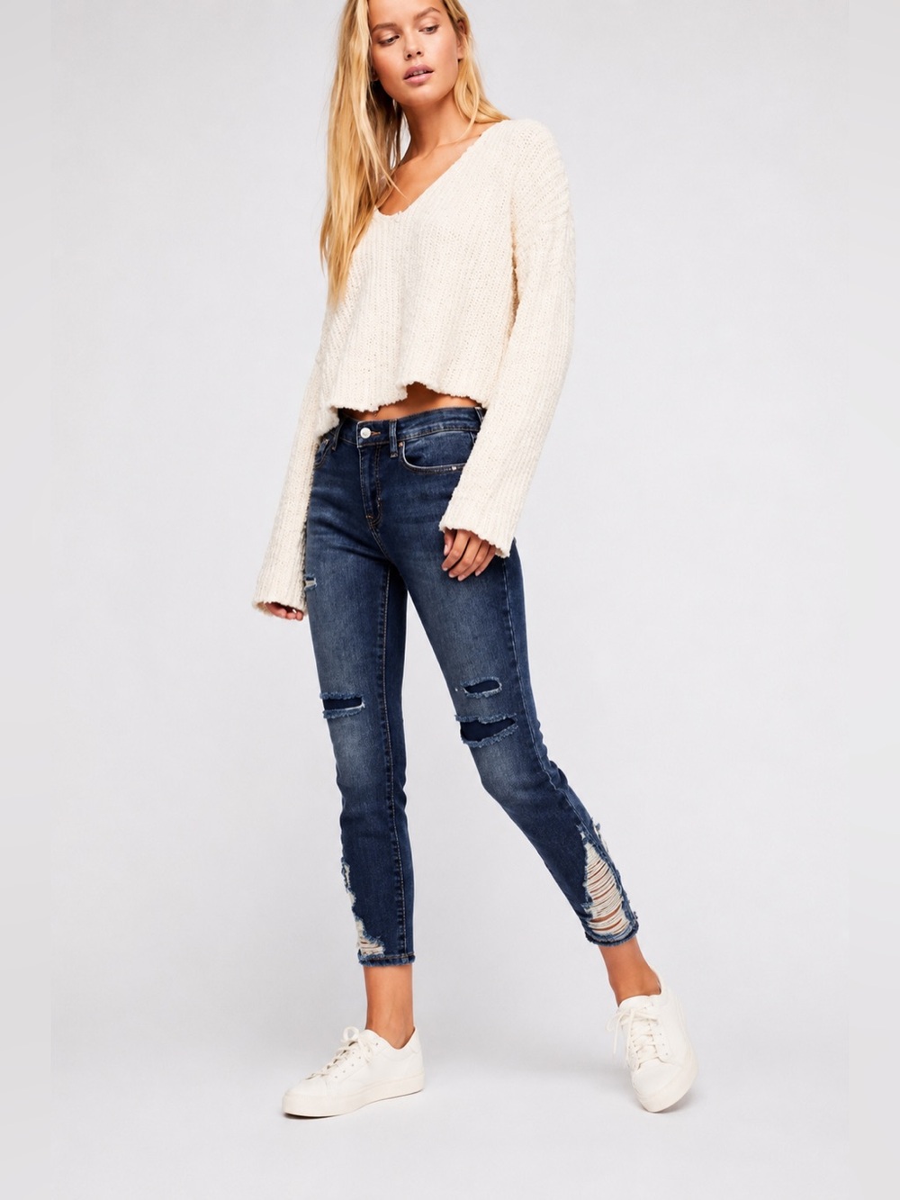 Free People About A Girl High Rise Skinny Jeans Dark Wash Distressed Raw Hem NWT